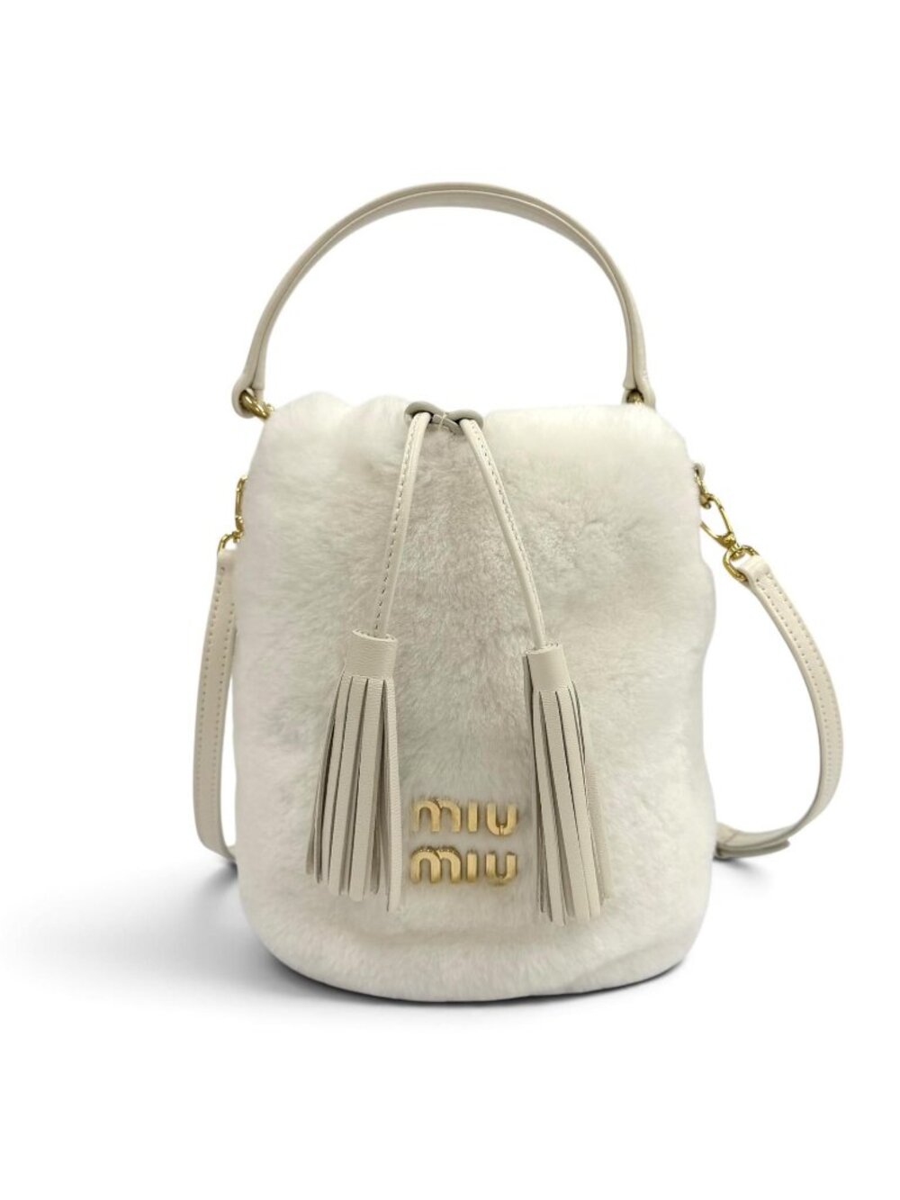 Miu Miu Metal Logo Sheepfur 2-Way Shoulder Bag White Gold